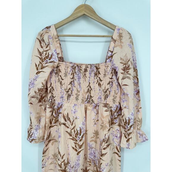 House of Harlow Smocked Midi Dress Linen Floral Ruffle Puff Sleeve Square Neck - Picture 7 of 9